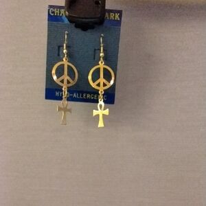 Gold Peace and Cross Earrings